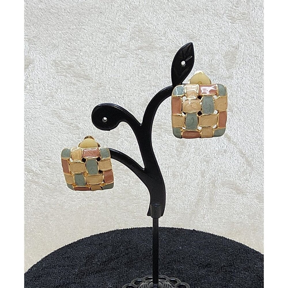 Vintage Clip On Woven Patchwork Multicolor Earrings